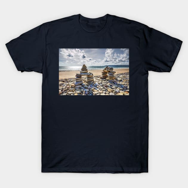 Rock Cairns On Amroth Beach, Wales T-Shirt by tommysphotos